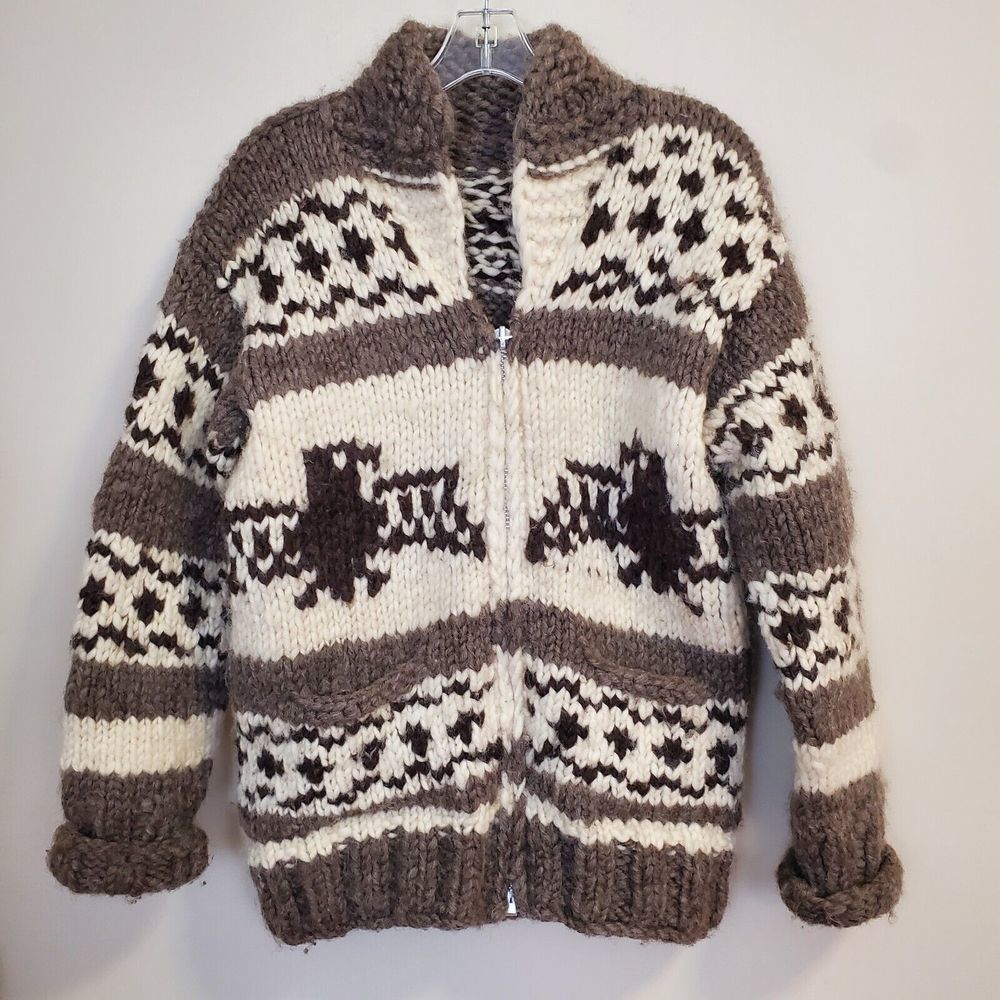 Cowichan Indian Canada Hand Knit Full Zip Wool Jacket Cardigan Eagle Sweater S/M